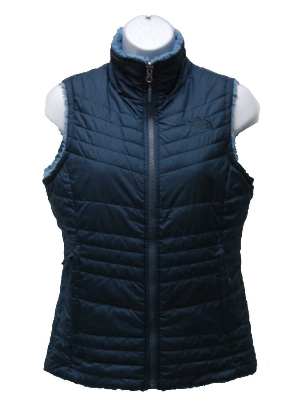 The North Face Womens Mossbud Swirl Quilt Sherpa Reversible Vest, XS, Dark Blue